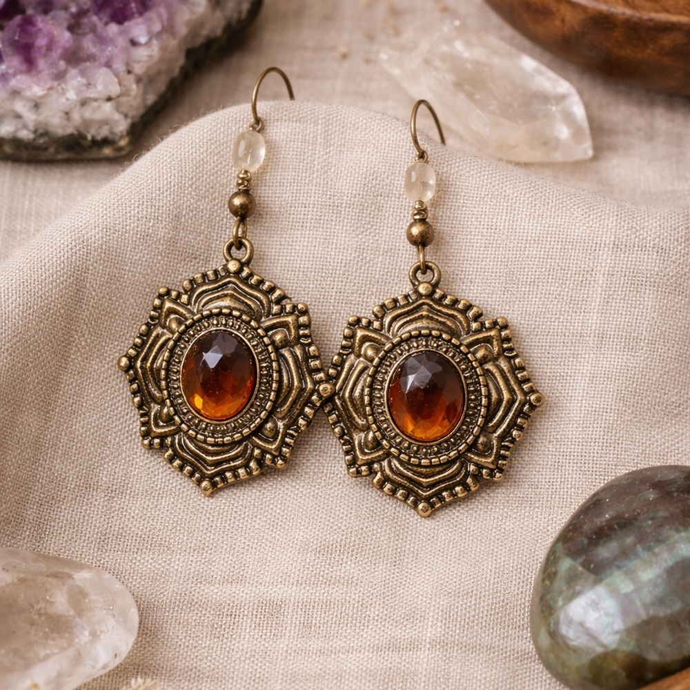 Kelly Rae Roberts Amber Crystal Boho Statement Earrings Bronze Tone Dangle - Picture 2 of 8
